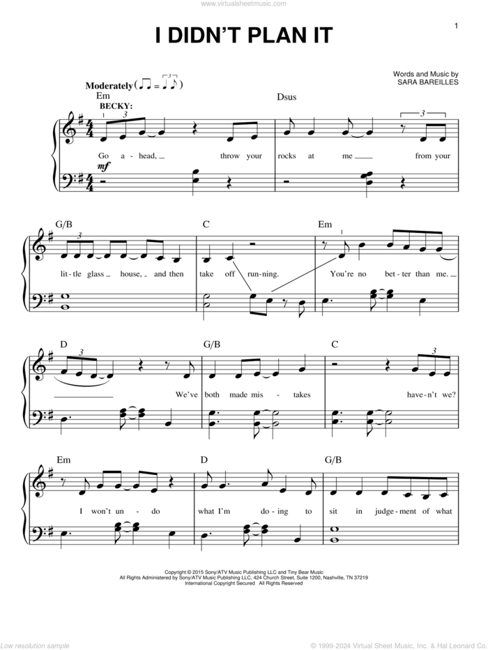 I Didn't Plan It (from Waitress The Musical) sheet music for piano solo by Sara Bareilles, easy skill level