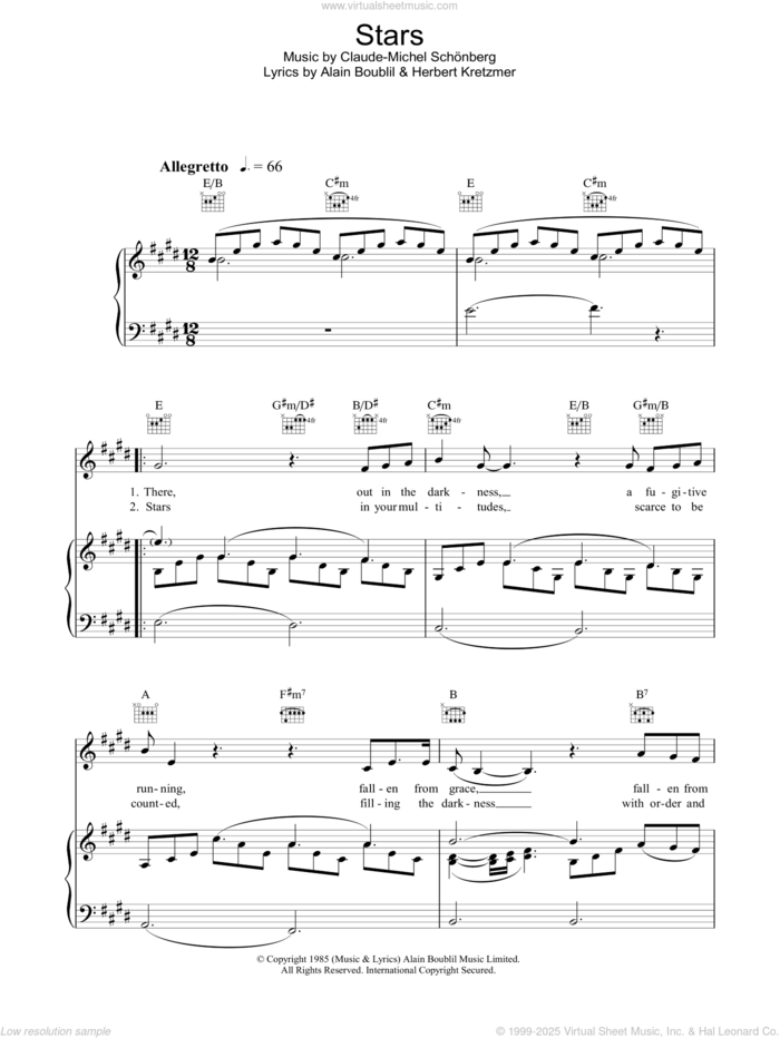 Stars sheet music for voice, piano or guitar by Alain Boublil, Les Miserables (Musical), Claude-Michel Schonberg and Herbert Kretzmer, intermediate skill level