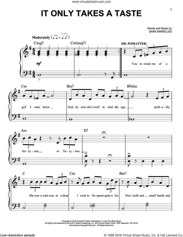 It Only Takes A Taste (from Waitress The Musical) sheet music for piano solo by Sara Bareilles, easy skill level