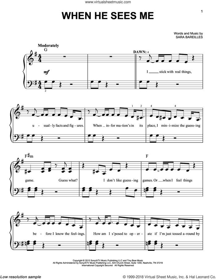 When He Sees Me (from Waitress The Musical) sheet music for piano solo by Sara Bareilles, easy skill level