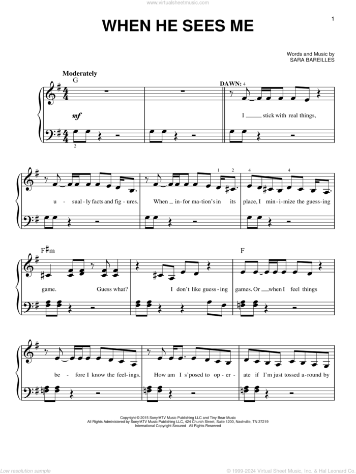 When He Sees Me (from Waitress The Musical) sheet music for piano solo by Sara Bareilles, easy skill level