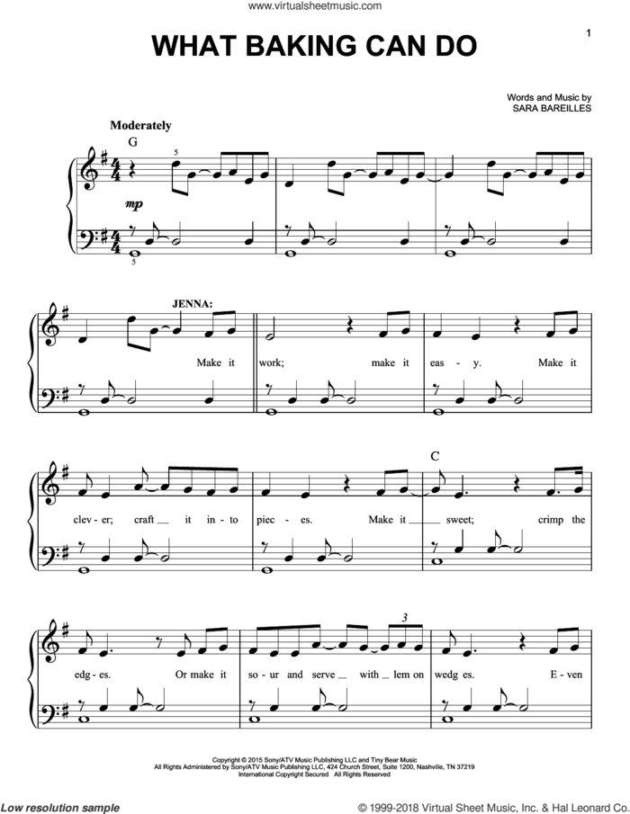 What Baking Can Do (from Waitress The Musical) sheet music for piano solo by Sara Bareilles, easy skill level