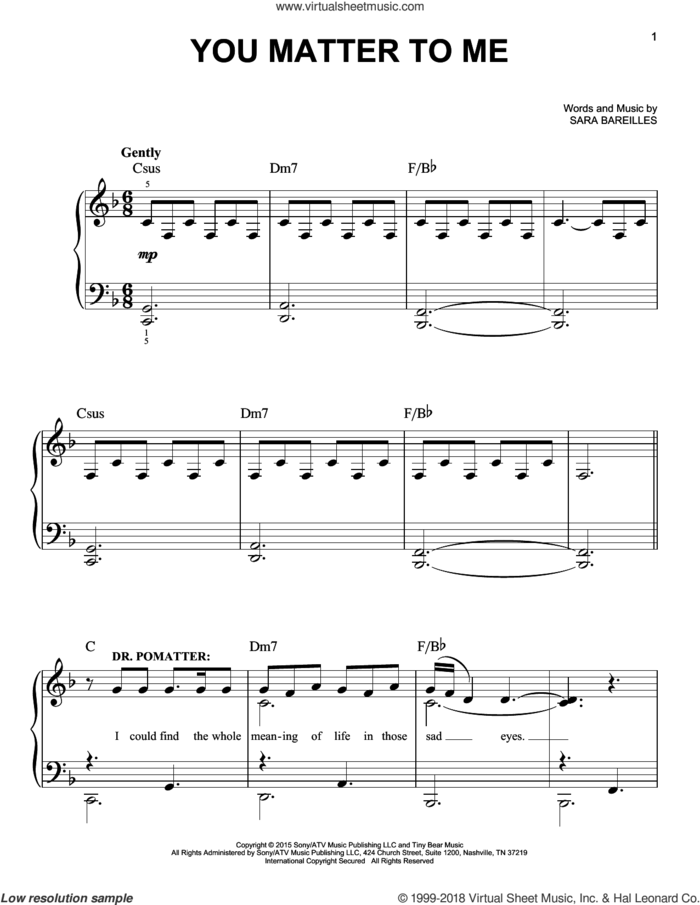You Matter To Me (from Waitress The Musical) sheet music for piano solo by Sara Bareilles, easy skill level