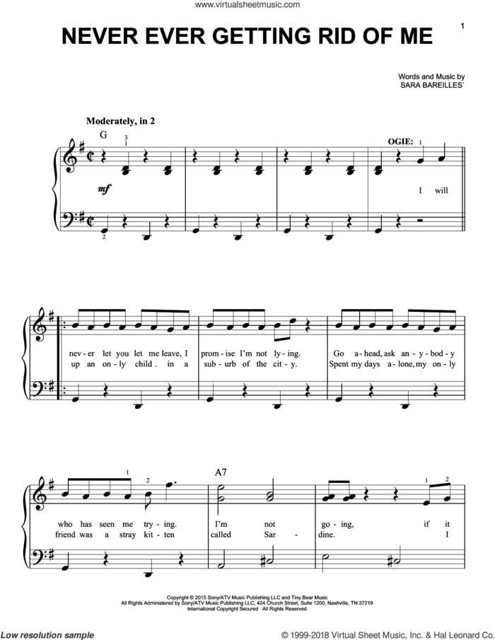 Never Ever Getting Rid Of Me (from Waitress The Musical) sheet music for piano solo by Sara Bareilles, easy skill level