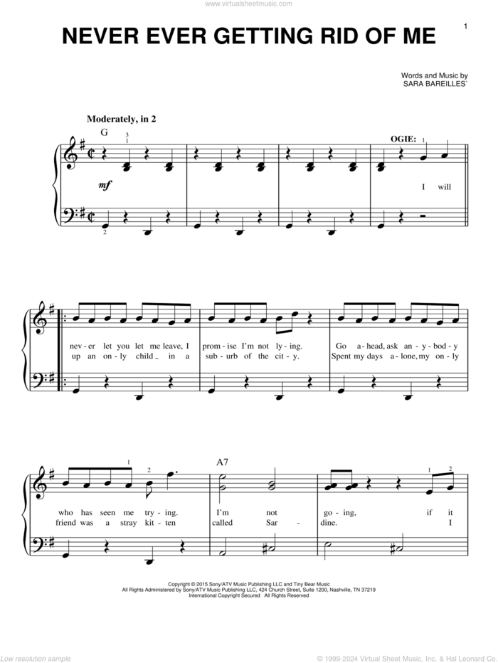 Never Ever Getting Rid Of Me (from Waitress The Musical) sheet music for piano solo by Sara Bareilles, easy skill level