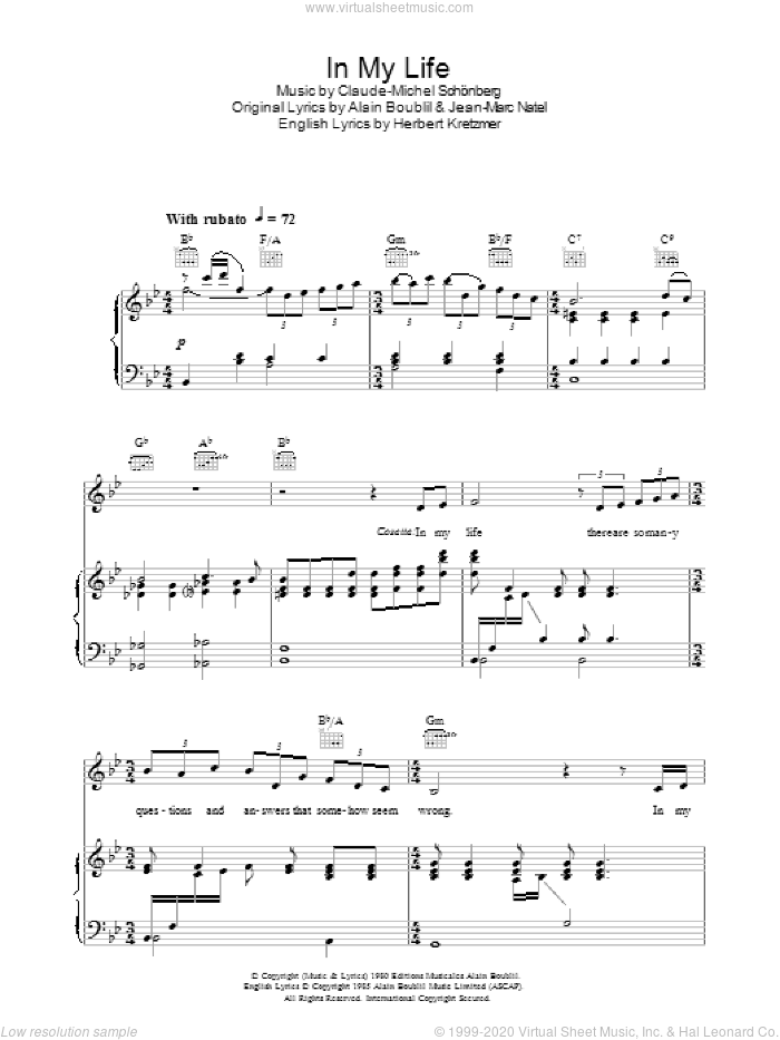 In My Life sheet music for voice, piano or guitar by Alain Boublil, Les Miserables (Musical), Claude-Michel Schonberg, Herbert Kretzmer and Jean-Marc Natel, intermediate skill level