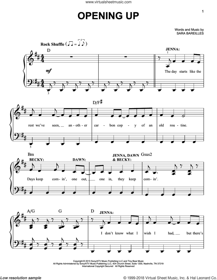 Opening Up (from Waitress The Musical), (easy) sheet music for piano solo by Sara Bareilles, easy skill level
