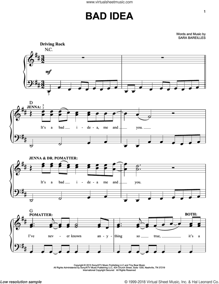 Bad Idea (from Waitress The Musical) sheet music for piano solo by Sara Bareilles, easy skill level