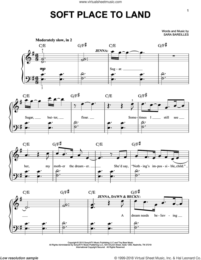 Soft Place To Land (from Waitress The Musical) sheet music for piano solo by Sara Bareilles, easy skill level