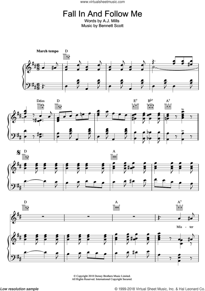 Fall In And Follow Me sheet music for voice, piano or guitar by Lew Stone and Bennett Scott, intermediate skill level