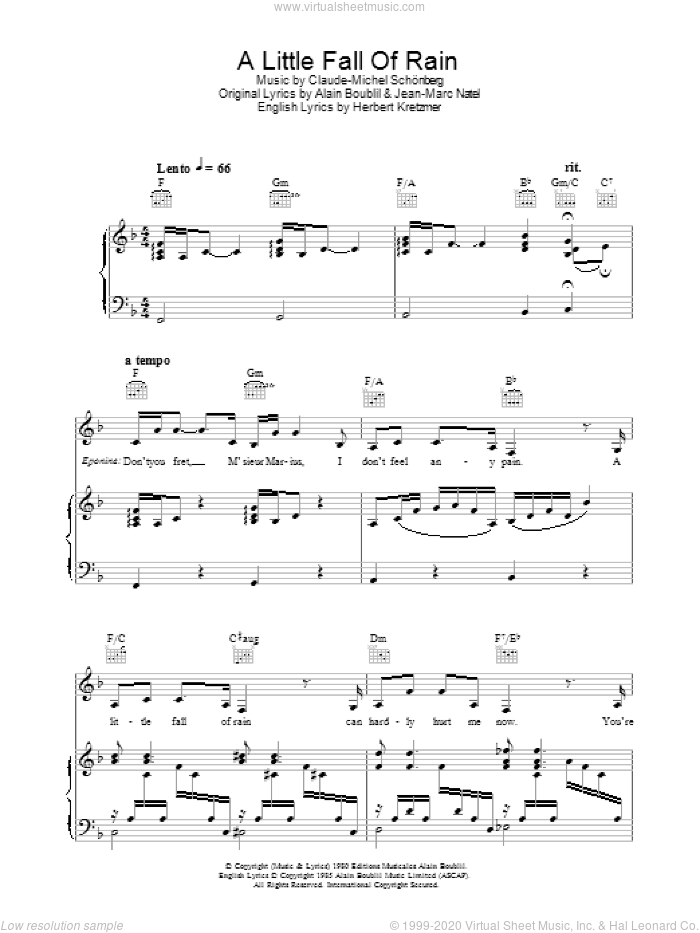 A Little Fall Of Rain sheet music for voice, piano or guitar by Alain Boublil, Les Miserables (Musical), Claude-Michel Schonberg, Herbert Kretzmer and Jean-Marc Natel, intermediate skill level