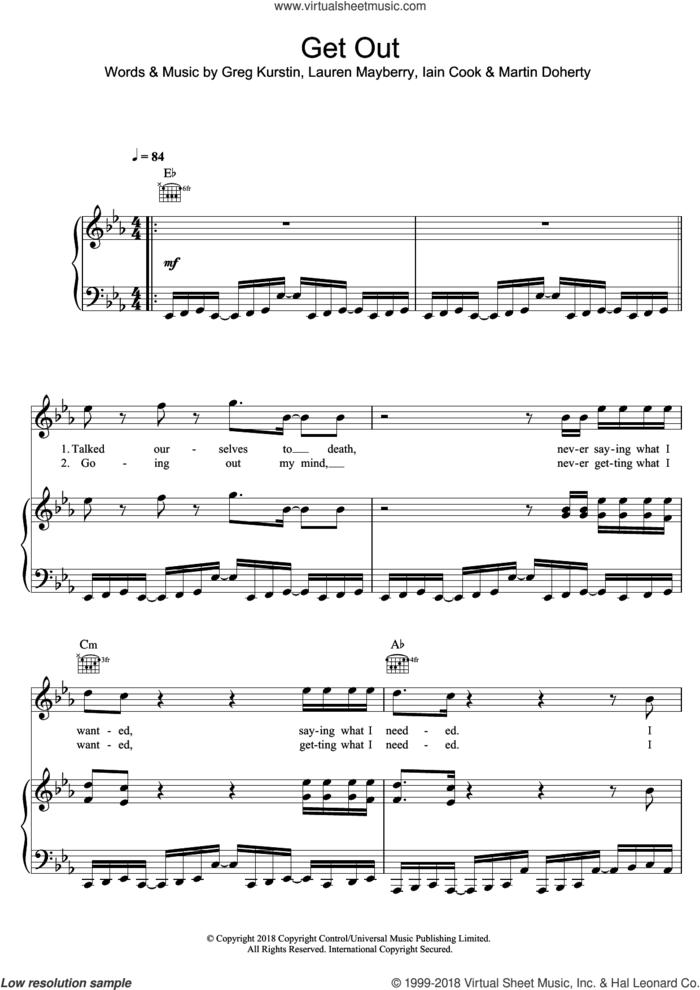 Get Out sheet music for voice, piano or guitar by Chvrches, Greg Kurstin, Iain Cook, Lauren Mayberry and Martin Doherty, intermediate skill level