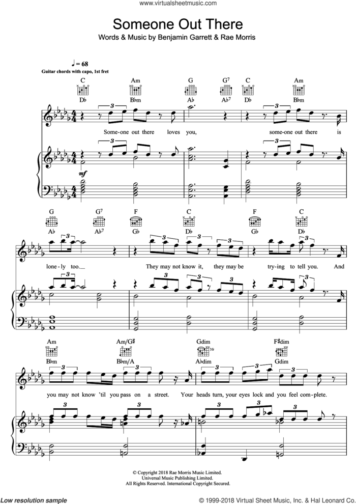Someone Out There sheet music for voice, piano or guitar by Rae Morris and Benjamin Garrett, intermediate skill level