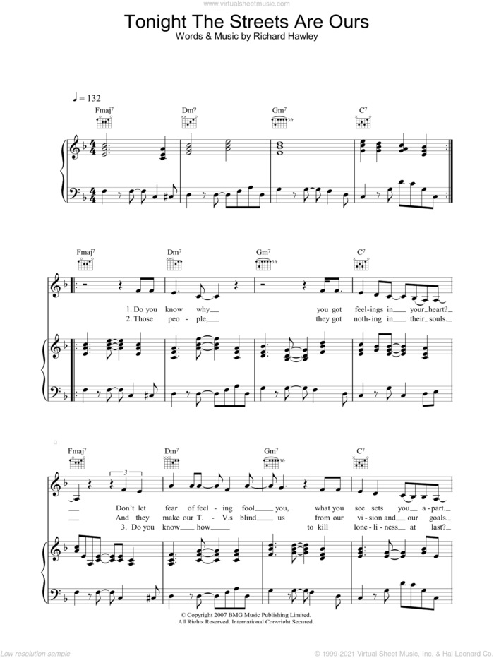 Tonight The Streets Are Ours sheet music for voice, piano or guitar by Richard Hawley, intermediate skill level