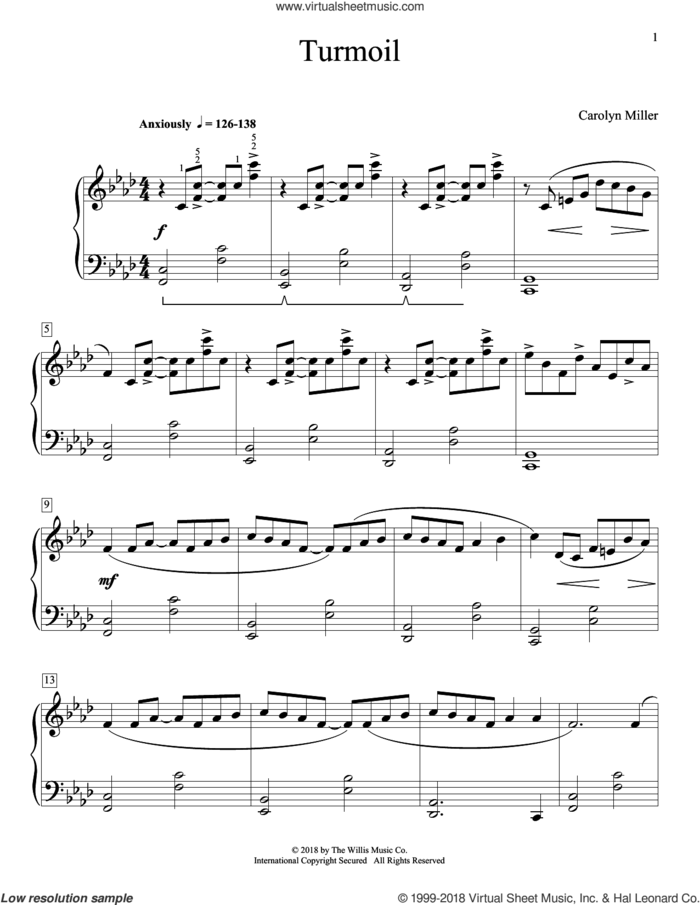 Turmoil sheet music for piano solo (elementary) by Carolyn Miller, beginner piano (elementary)