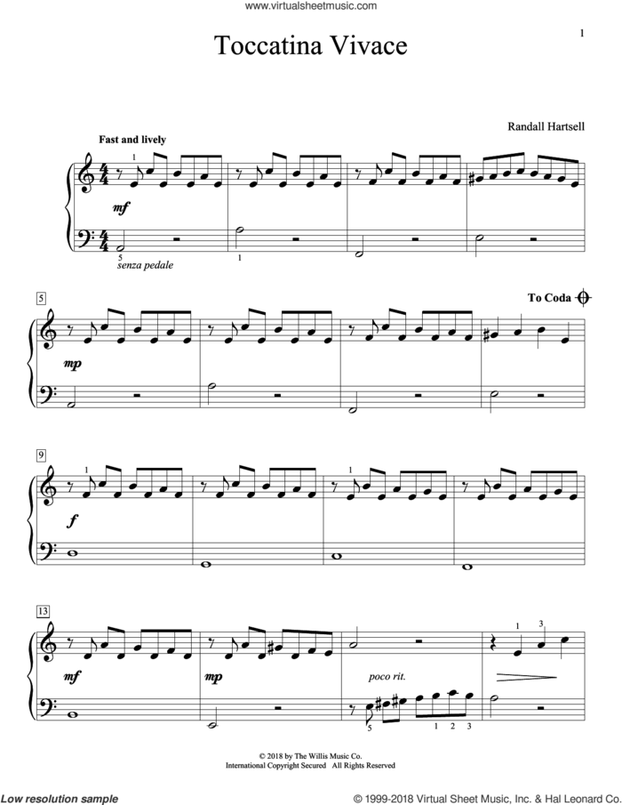 Toccatina Vivace sheet music for piano solo (elementary) by Randall Hartsell, beginner piano (elementary)