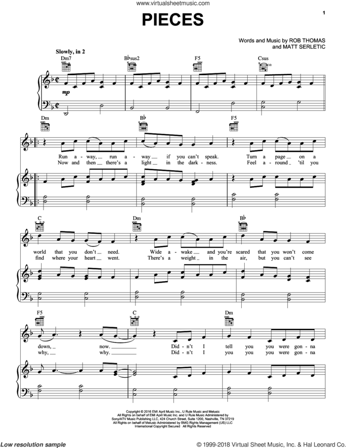 Pieces sheet music for voice, piano or guitar by Rob Thomas and Matt Serletic, intermediate skill level