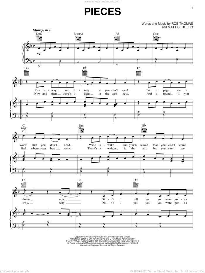 Pieces sheet music for voice, piano or guitar by Rob Thomas and Matt Serletic, intermediate skill level