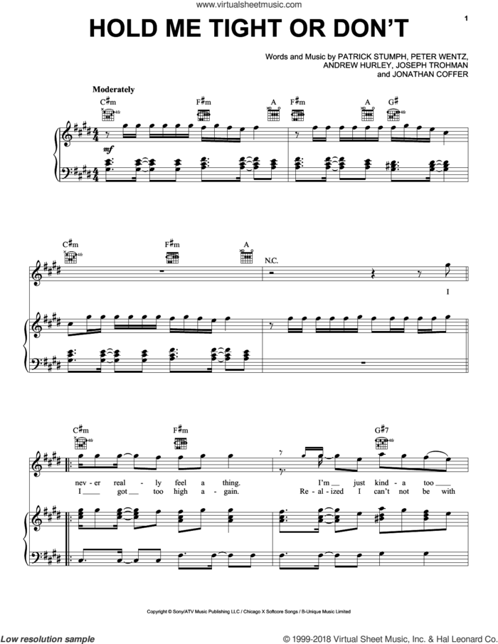 Hold Me Tight Or Don't sheet music for voice, piano or guitar by Fall Out Boy, Andrew Hurley, Jonathan Coffer, Joseph Trohman, Patrick Stumph and Peter Wentz, intermediate skill level