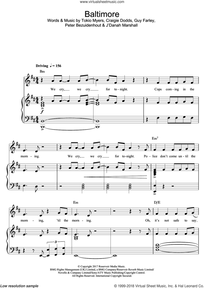 Baltimore sheet music for voice, piano or guitar by Tokio Myers, Craigie Dodds, Guy Farley and Peter Bezuidenhout, classical score, intermediate skill level