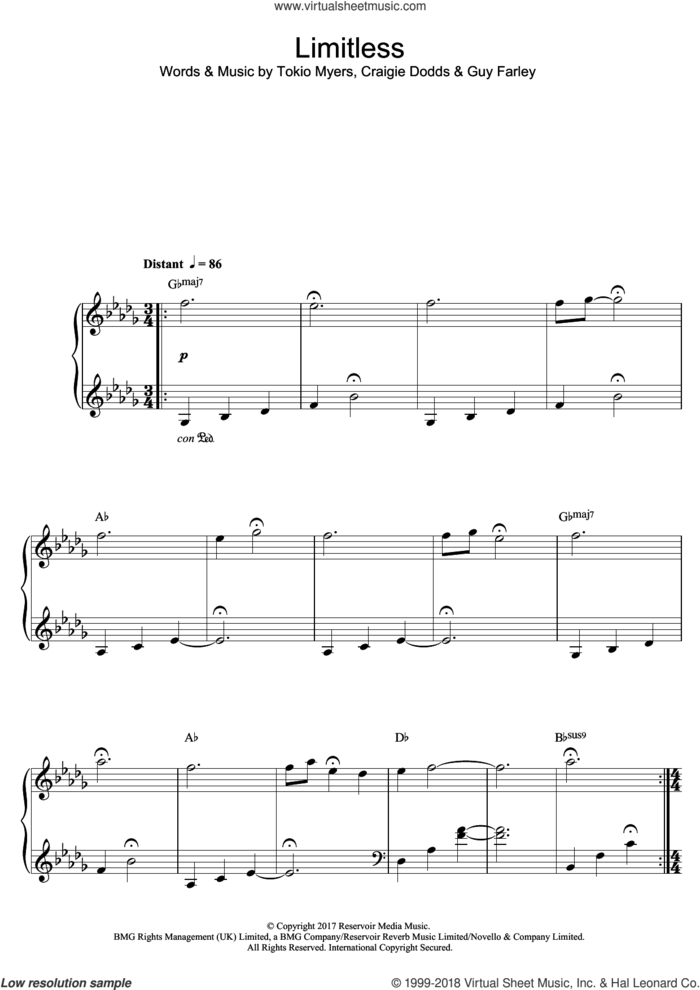 Limitless sheet music for piano solo by Tokio Myers, Craigie Dodds and Guy Farley, classical score, intermediate skill level