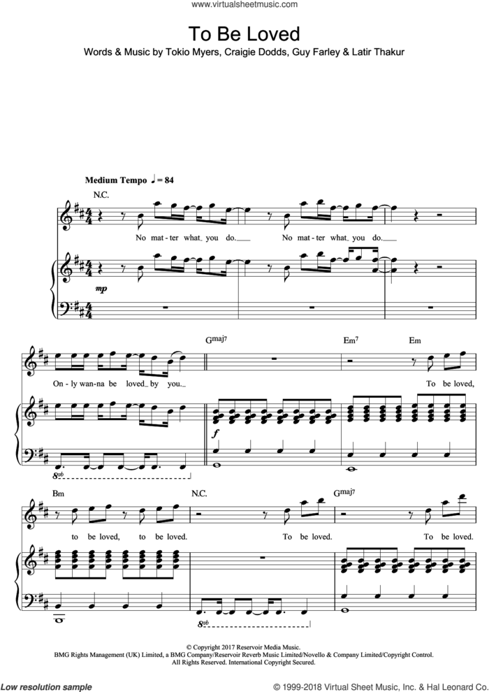 To Be Loved sheet music for voice, piano or guitar by Tokio Myers, Craigie Dodds, Guy Farley and Latir Thakur, classical score, intermediate skill level
