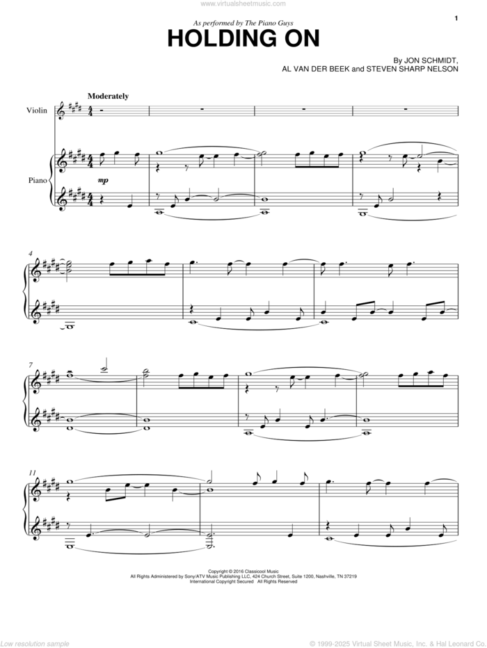 Holding On sheet music for violin and piano by The Piano Guys, Al van der Beek, Jon Schmidt and Steven Sharp Nelson, intermediate skill level