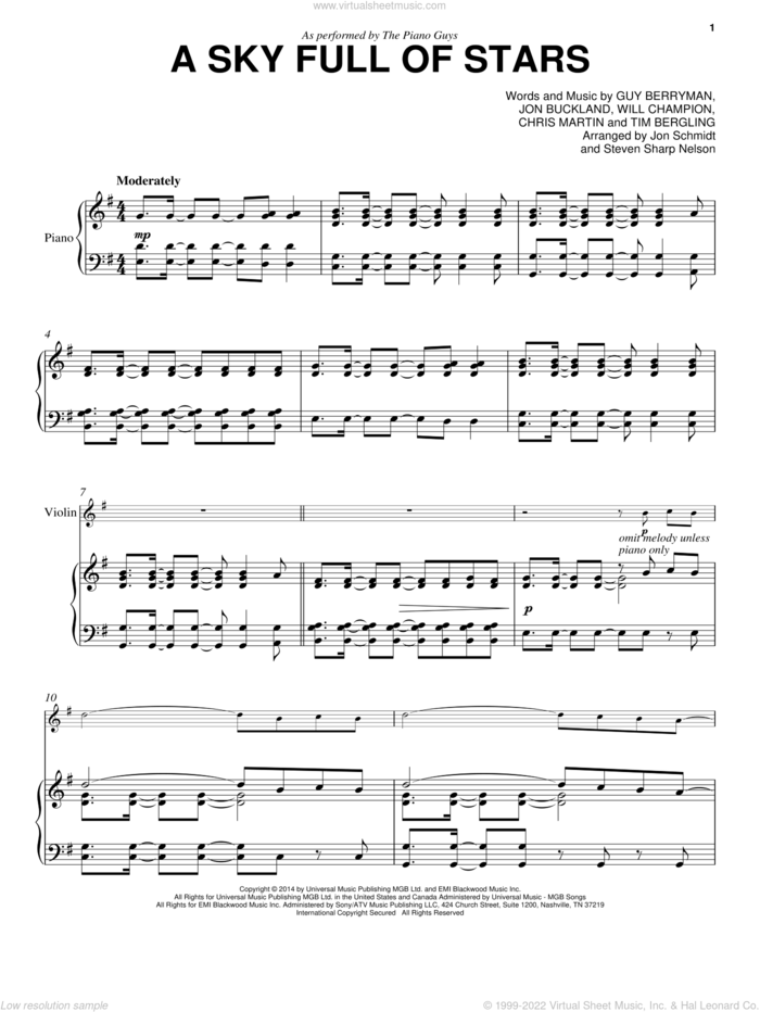 A Sky Full Of Stars sheet music for violin and piano by The Piano Guys, Coldplay, Chris Martin, Guy Berryman, Jon Buckland, Tim Bergling and Will Champion, wedding score, intermediate skill level