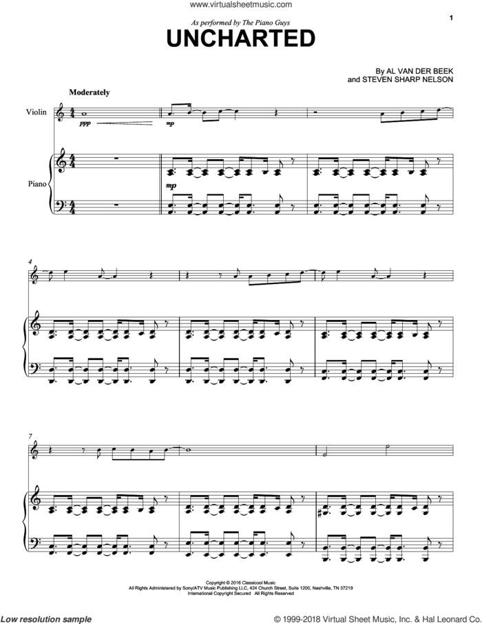 Uncharted sheet music for violin and piano by The Piano Guys, Al van der Beek and Steven Sharp Nelson, intermediate skill level