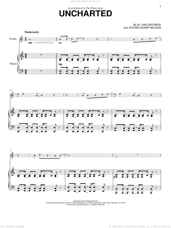 Uncharted sheet music for violin and piano by The Piano Guys, Al van der Beek and Steven Sharp Nelson, intermediate skill level