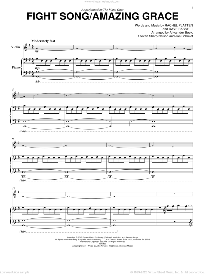 Fight Song/Amazing Grace sheet music for violin and piano by The Piano Guys, Dave Bassett and Rachel Platten, intermediate skill level