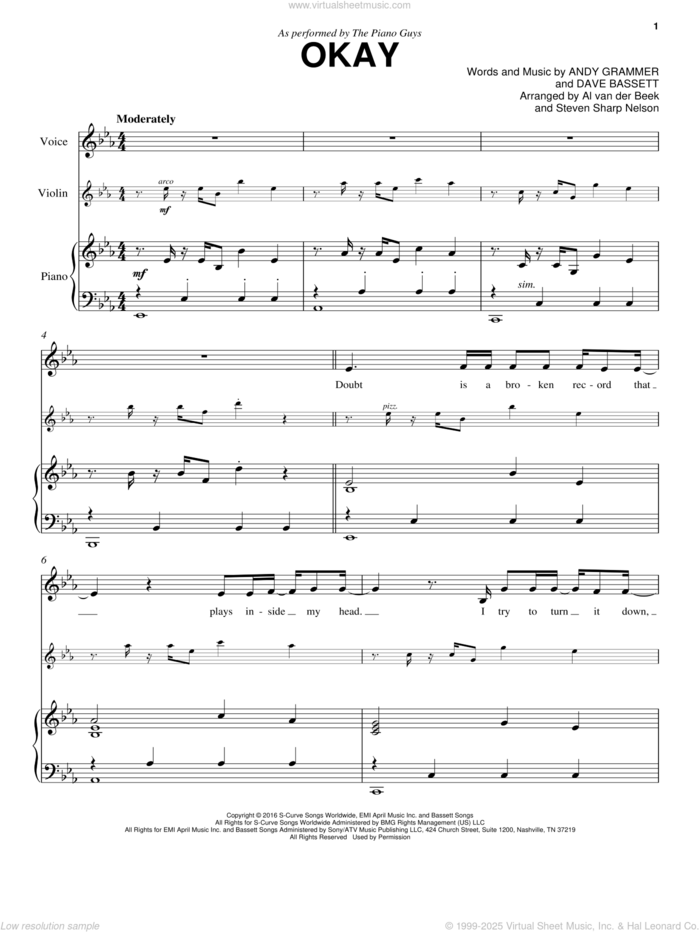 Okay sheet music for violin and piano by The Piano Guys, Andy Grammer and Dave Bassett, intermediate skill level