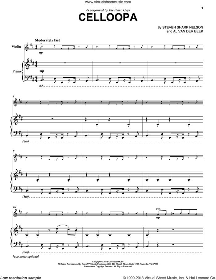 Celloopa sheet music for violin and piano by The Piano Guys, Al van der Beek and Steven Sharp Nelson, intermediate skill level