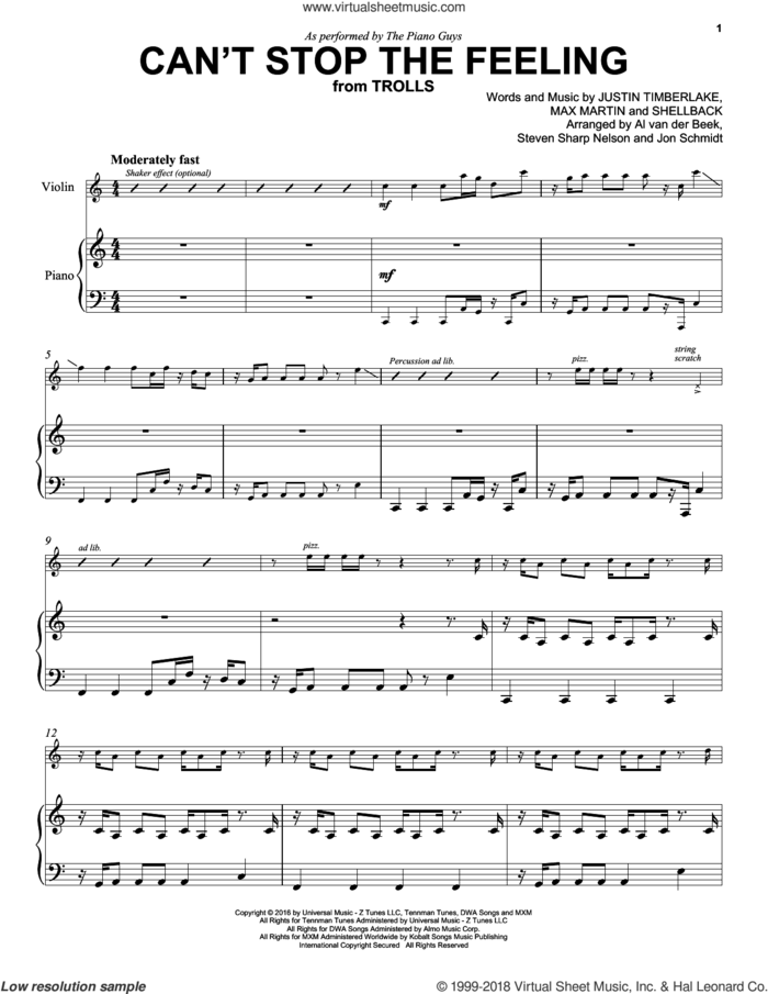 Can't Stop The Feeling sheet music for violin and piano by The Piano Guys, Johan Schuster, Justin Timberlake, Max Martin and Shellback, intermediate skill level