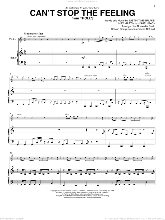 Can't Stop The Feeling sheet music for violin and piano by The Piano Guys, Johan Schuster, Justin Timberlake, Max Martin and Shellback, intermediate skill level