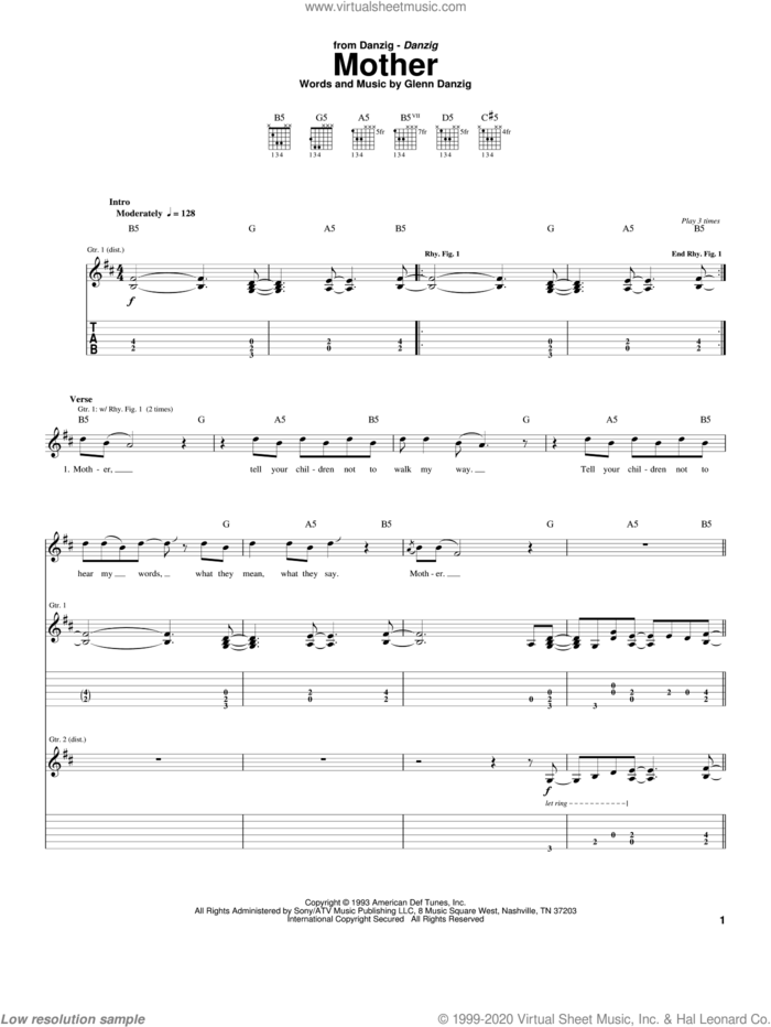 Mother sheet music for guitar (tablature) by Danzig, Guitar Hero and Glenn Danzig, intermediate skill level
