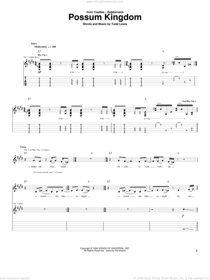 Possum Kingdom sheet music for guitar (tablature) by Toadies, Guitar Hero and Todd Lewis, intermediate skill level