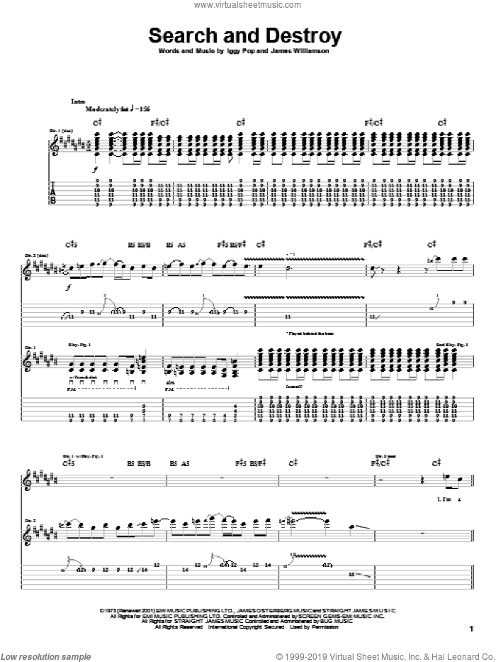 Search And Destroy sheet music for guitar (tablature) by The Stooges, Red Hot Chili Peppers, Iggy Pop and James Williamson, intermediate skill level