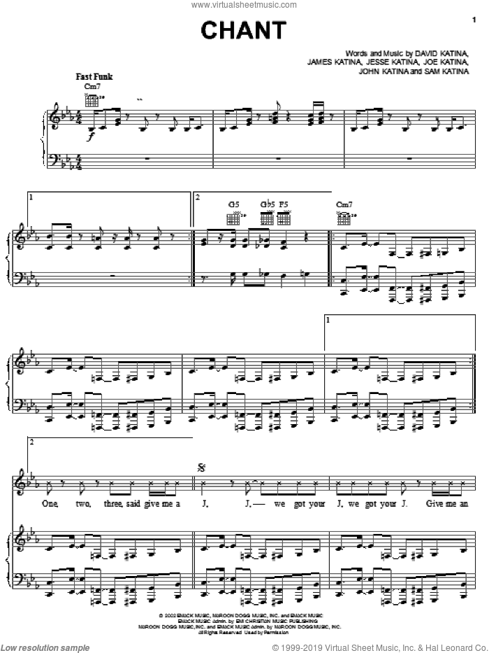 Chant sheet music for voice, piano or guitar by The Katinas, James Katina, Jesse Katina and Joe Katina, intermediate skill level