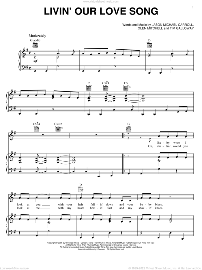 Livin' Our Love Song sheet music for voice, piano or guitar by Jason Michael Carroll, Glen Mitchell and Tim Galloway, intermediate skill level