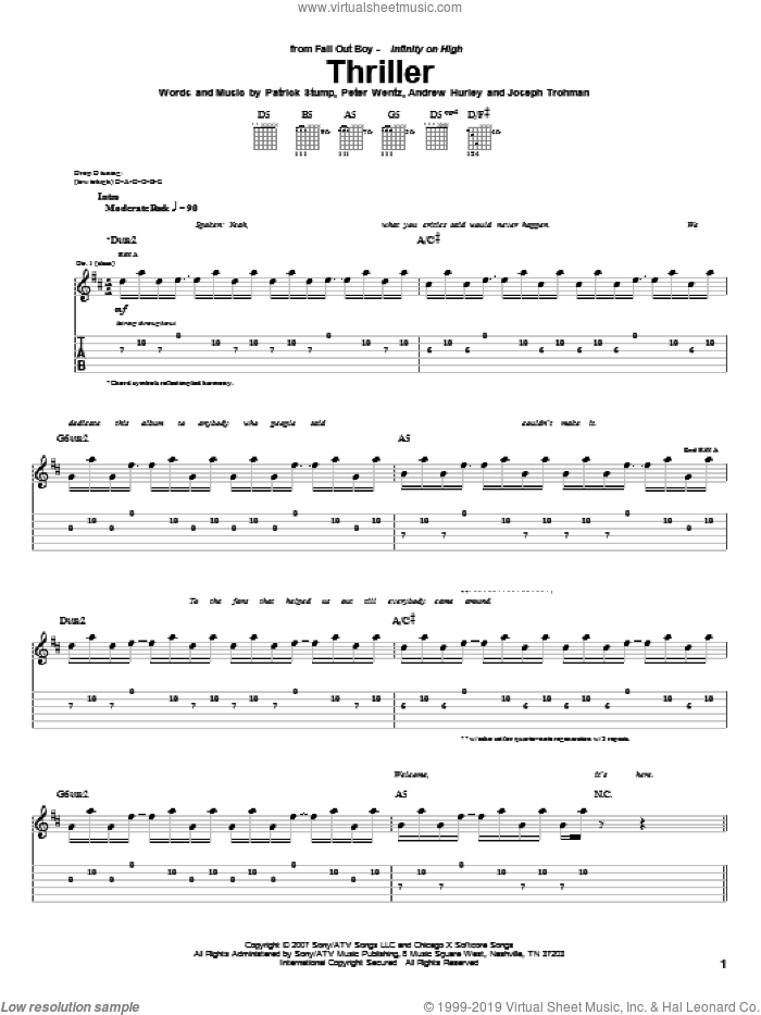 Thriller sheet music for guitar (tablature) by Fall Out Boy, Andrew Hurley, Joseph Trohman, Patrick Stump and Peter Wentz, intermediate skill level