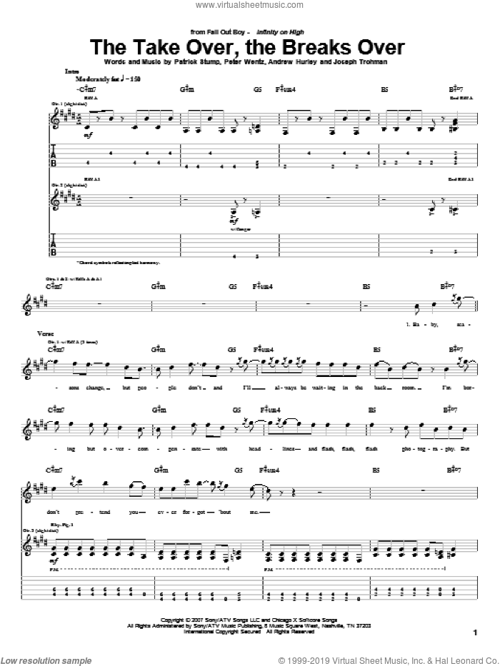 The Take Over, The Breaks Over sheet music for guitar (tablature) by Fall Out Boy, Andrew Hurley, Joseph Trohman, Patrick Stump and Peter Wentz, intermediate skill level