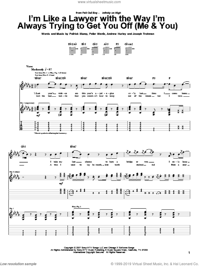 I'm Like A Lawyer With The Way I'm Always Trying To Get You Off (Me and You) sheet music for guitar (tablature) by Fall Out Boy, Andrew Hurley, Joseph Trohman, Patrick Stump and Peter Wentz, intermediate skill level