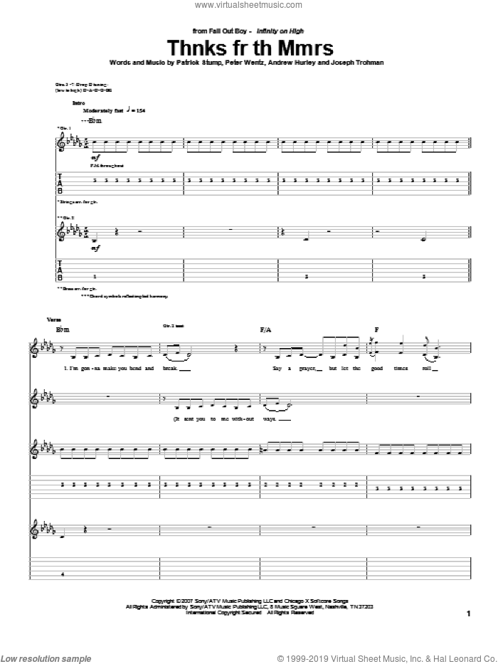 Thnks Fr Th Mmrs sheet music for guitar (tablature) by Fall Out Boy, Andrew Hurley, Joseph Trohman, Patrick Stump and Peter Wentz, intermediate skill level