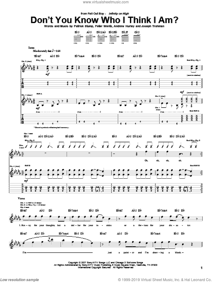Don't You Know Who I Think I Am? sheet music for guitar (tablature) by Fall Out Boy, Andrew Hurley, Joseph Trohman, Patrick Stump and Peter Wentz, intermediate skill level