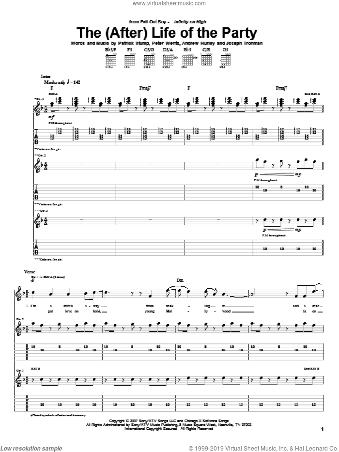 The (After) Life Of The Party sheet music for guitar (tablature) by Fall Out Boy, Andrew Hurley, Joseph Trohman, Patrick Stump and Peter Wentz, intermediate skill level