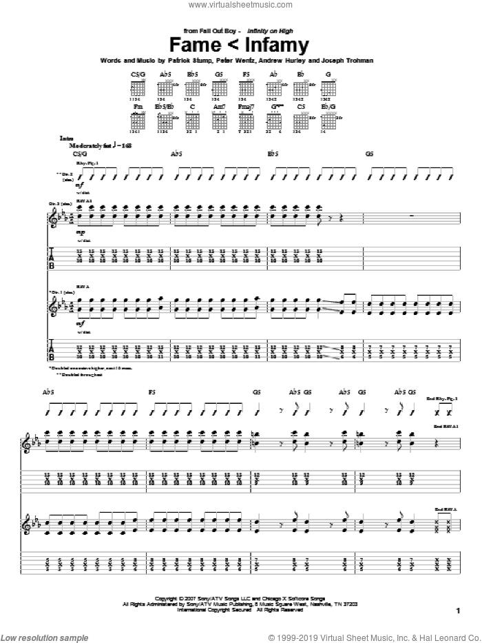 Fame < Infamy sheet music for guitar (tablature) by Fall Out Boy, Andrew Hurley, Joseph Trohman, Patrick Stump and Peter Wentz, intermediate skill level