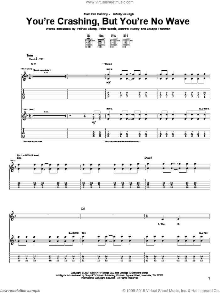 You're Crashing, But You're No Wave sheet music for guitar (tablature) by Fall Out Boy, Andrew Hurley, Joseph Trohman, Patrick Stump and Peter Wentz, intermediate skill level