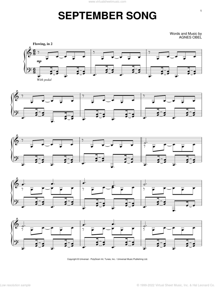 September Song sheet music for piano solo by Agnes Obel, intermediate skill level