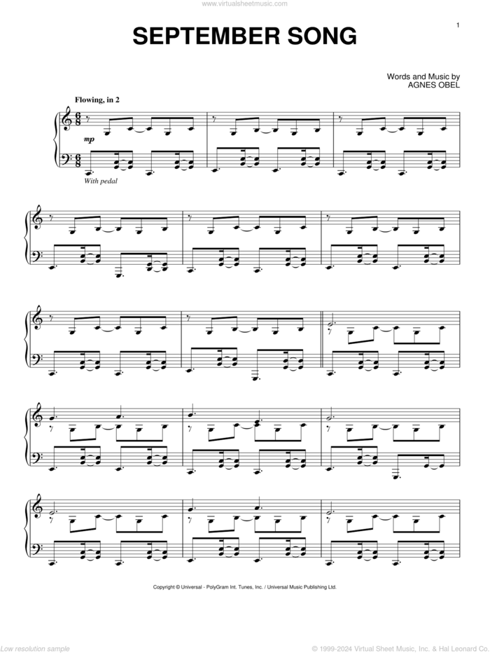 September Song, (intermediate) sheet music for piano solo by Agnes Obel, intermediate skill level